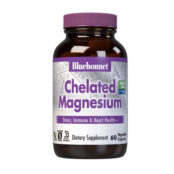 Bluebonnet Nutrition Albion Chelated Magnesium Vegetable Capsule, 200 mg, Stress Relief, Vegan, Non GMO, Gluten Free, Soy Free, Milk Free, Kosher, 60 Vegetable Capsule, 1 Month Supply