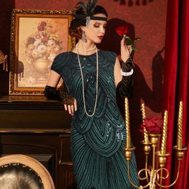 WILDPARTY 20s Costume Women's Charleston Dress, Flapper Dress with Sequins Beads Fringe Net Stockings, Dresses 20s Accessories, Vintage Mafia Costume Women's Cocktail Dress