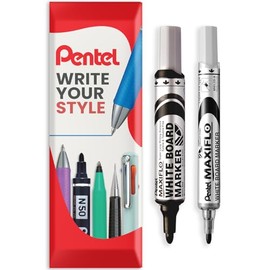 Pentel Maxiflo Whiteboard Marker Pen - Fine & Medium Bullet Tip - Black Ink - Pack of 2 Pens in Envelope Gift Packaging