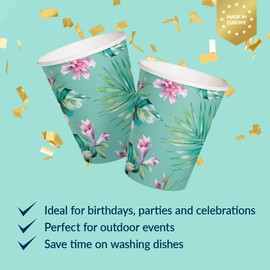 PAW - Disposable Paper Cups (8,5 oz, 50-Pack), Hot & Cold Paper Coffee Cups, Blue Drinking Cups with Floral Theme for Party, Garden Party, BBQ, Picnic