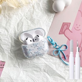 Riseish for AirPods 4 Case (2024), Aesthetic Clear Bow Knot Pattern Design for Women Girls, Shockproof Protective Headphone Case with Keychain for AirPods 4 - Blue