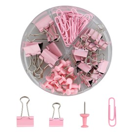 72Pcs Binder Clips Push Pins Set, Pink 4 in 1 Round Box Clip Stationery Set Including 20 Push Pins, 30 Paper Clips, 15 Small Blinder Clips, 7 Large Blinder Clips, Office Supplies Set Paper Clips