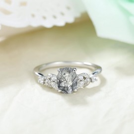 IRROYA Art Deco 1.5 Carat Oval Natural Black Rutilated Quartz Ring 925 Silver Black Stone Wedding Ring Plated by Platinum Cluster Round Marquise Cubic Zirconia Rings for Women Sterling Silver Leaf