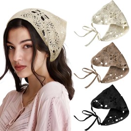 GWAWG 3Pcs Floral Crochet Bandanas, Knitted Triangle Headscarf, Boho Knotted Hair Bandana, Stylish Hair Accessories for Women