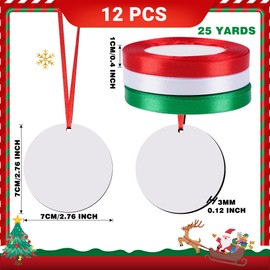 Sublimation Ornament Blanks 12 Pcs MDF Christmas Sublimation Blank Pendants Bulk Double Sided Printed Round Ornaments with 3 Roll Ribbon for DIY Craft Christmas Tree Decoration Supplies