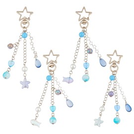 MAYJOYDIY 4Pcs Ocean Style Charm Keychain, 4.7inch Summer Aesthetic Keyring, Acrylic Metal Star Beaded Tassels Purse Accessories for Wallet Purse Handbag Car Keys Birthday Party Favor Supplies