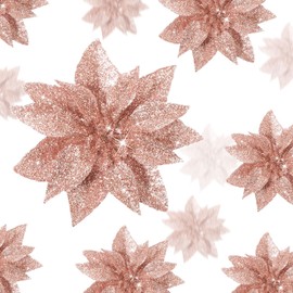 24 Pcs Glitter Artificial Poinsettia Flowers 3/4/ 6 Inches Christmas Wreath Tree Flowers Ornaments Xmas Decorations Flowers with Clips for Christmas Tree Indoor Outdoor Decoration(Rose Gold)