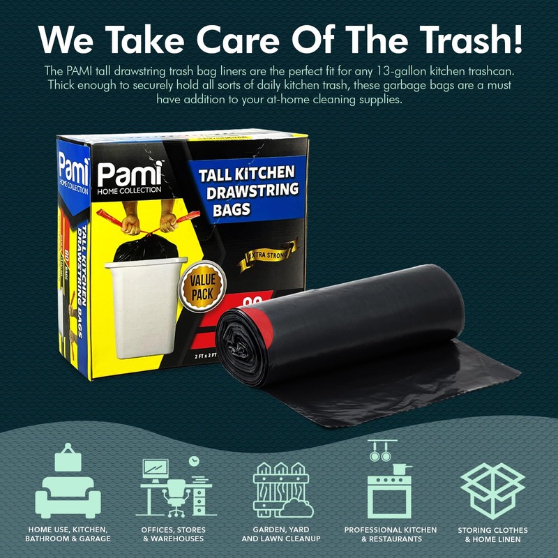 PAMI Tall 13-Gallon Kitchen Drawstring Trash Bags [80-Pack, Black] -