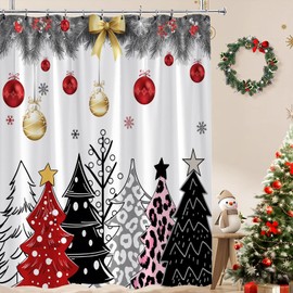 UPUMKSK Christmas Tree Shower Curtain Red Xmas Ball Xmas Pine Forest Farmhouse Winter Snowflakes New Year Holiday Bath Curtain with Hooks