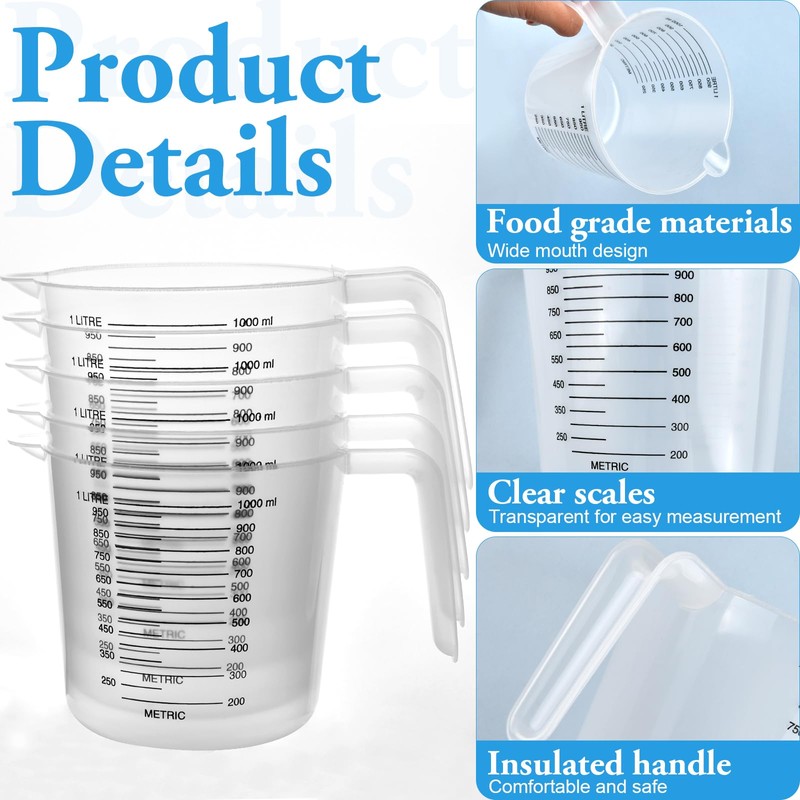 Akamino 10 PCS Plastic Measuring Jugs, 1 Litre Clear Plastic