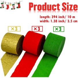 Aisszhao 9 Rolls Christmas Crepe Paper Craft Streamers Hanging,Green Red Gold Crepe Paper Streamers,Crepe Paper Roll Streamer Curtain Backdrop Hanging Tassels for Festival Party Christmas Decor