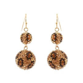 Rosemarie & Jubalee Women's Get Wild Leopard Print Pave Crystal Ball Drop Earrings (Double Ball Gold Tone Fish Hook, 1.75")
