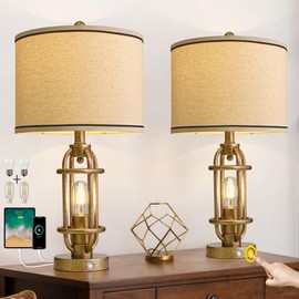 G-SAFAVA 23.75'' Table Lamps Set of 2 for Living Room Bedroom Industrial Farmhouse Metal Touch Lamps with USB A+C Ports, Night Light Vintage Nightstand Bedside Lamp, Bulbs Included, Champagne Gold