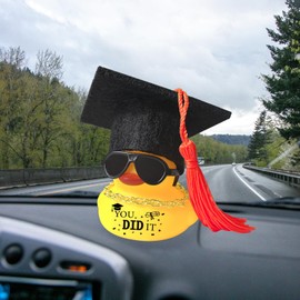 Car Dashboard Decor Graduation Hat Rubber Duck, Car Accessories Ornaments with Mini Graduation Cap, Necklace, Sunglasses for Graduates Students Grad Gift