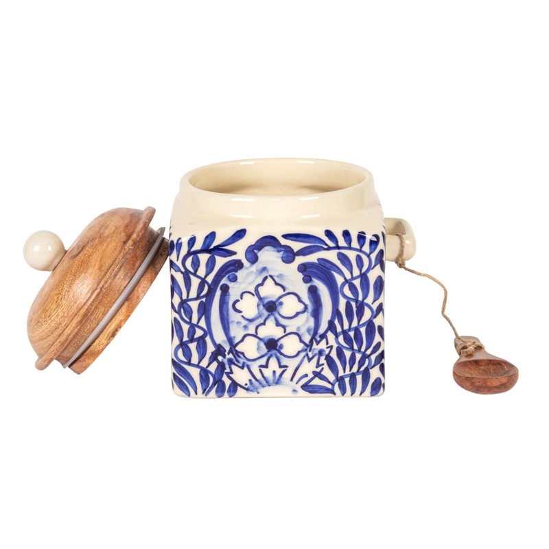 Creative Co-Op Stoneware Canister with Design, Lid and Spoon, Cream,
