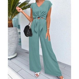 PRETTYGARDEN Women's Summer Tracksuit Sexy V Neck Cap Sleeve Crop Tops Elastic High Waist Wide Leg Pant Sets 2025(Solid Blue Green,Medium)
