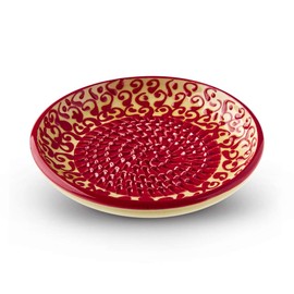 Garlic Grater Plate Set with Brush and Peeler. (#Ref 13). Handmade and Hand Painted in Cordoba, Spain. Orange with red Rim and Circle. Moroccan red Pattern.