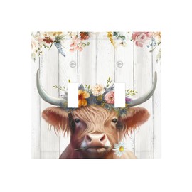 Ukutarly Highland Cow Decorative Electrical 2 Gang Double Toggle Rustic Floral Wall Plate Farmhouse Light Switch Cover Faceplate Wallplate For Kitchen Home Office Room