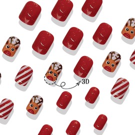Christmas Press on Nails Short Christmas Fake Nails Cute Reindeer Acrylic Nails with Red Stripe Design Christmas Glue on Nails Winter Stick on Nails Full Cover Artificial False Nails for Women 24Pcs
