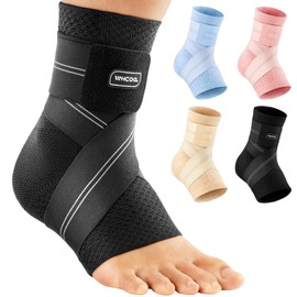 WHCOOL Flat Knitting Ankle Brace For Women&Men, 7-Zone Dynamic Compression Sleeve w/Flex Strap,Foot Support For Sports, Sprained Ankle, Achilles Tendonitis, Plantar Fasciitis Relief(Pack of1)S, Black