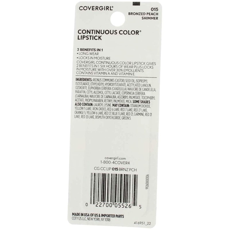 CoverGirl Continuous Color Lipstick, Bronzed Peach 015, 0.13-Ounce Bottles (Pack