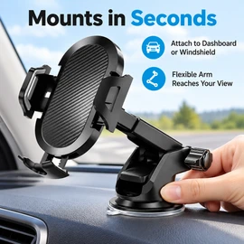 Car Phone Mount with Long Adjustable Arm – Suction Cup Smartphone Holder with 360° Rotation for Dashboard and Windshield Navigation