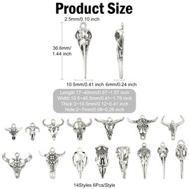 DanLingJewelry 84Pcs Antique Silver Animal Skull Charms Western Bull Cattle Raven Bird Head Skeleton Tibetan Charms for DIY Jewellery Making