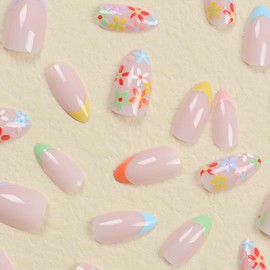 Lifextol French Tips Press on Nails Almond Fake Nails with Colorful Spring Flowers Nude Stick on Nails press ons with Nail Glue,24pc Short Press on Nails Colorful French Glue on Nails for Women Girls