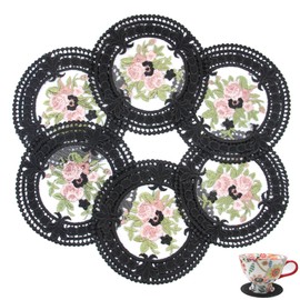 FITNXT 4.5'' 8pk Embroidered Floral lace Coasters, Cloth Crocheted Vintage doilies for Crafts, Small Round Black Lace Embroidery Coasters for Tea Cups, Home Decoration, Wedding (Black), AMLS01
