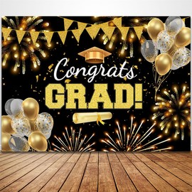 Ladvis Black Gold Graduation Backdrop, Class of 2024 Backdrop Congrats Grad Background Class Off Congrats Prom Party Decorations, 82.7"X59" Fabric Indoor Outdoor Banner Photography Photo Booth Props