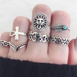TseenYi Boho Knuckle Rings Silver Sun Flower Finger Rings Set Retro Joint Rings Leaf Turquoise Stackable Midi Rings for Women and Girls