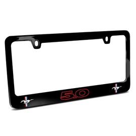 iPick Image for - Ford Mustang GT 5.0 Outline in Red Dual Logos Black Metal License Plate Frame