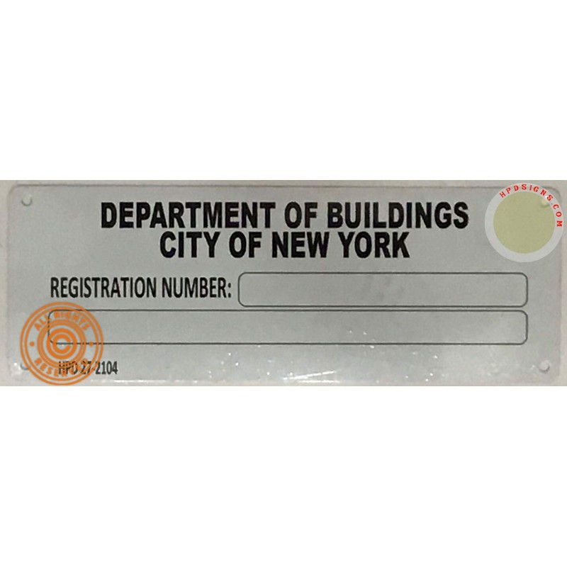NYC HPD Building Registration Number Sign (White, 3x8 inch, Aluminium,