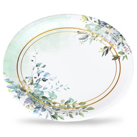 FYSUIMU 50 Pcs Greenery Oval Paper Plates Green Eucalyptus Leaves Disposable Plates 12 x 10 Inch Watercolor Tableware Plates for Wedding Birthday Baby Shower Party Supplies