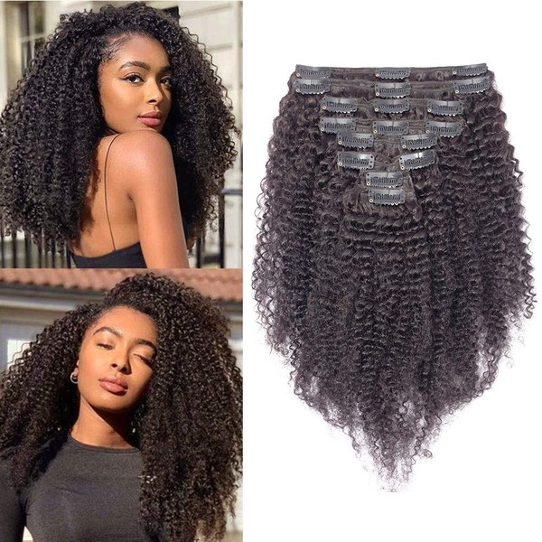 Clip-In Real Hair Extensions, Kinky Curly, Double Wefts for Complete Hair Extensions, Afro Hairpieces, 8 Pieces, 18 Clips, 7A Remy Hair, 25 cm - 100 g, #33 Dark Red Brown