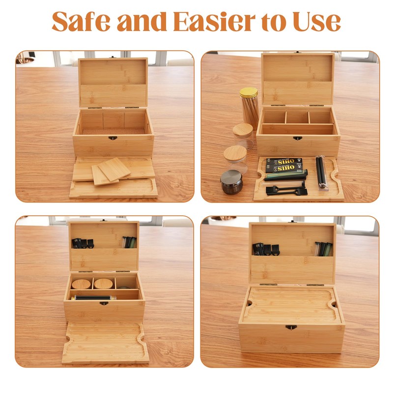 Coozyupper Large Bamboo Storage Box with Removable Tray Kit -