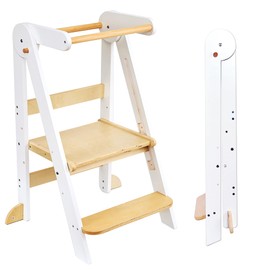 Foldable Toddler Tower Preassembled Kitchen Step Stool, Folding Tower for Learning with 3 Adjustable Heights, Montessori Toddler Standing Tower Collapsible Step Stool for Kids 1.5-6y Natural & White