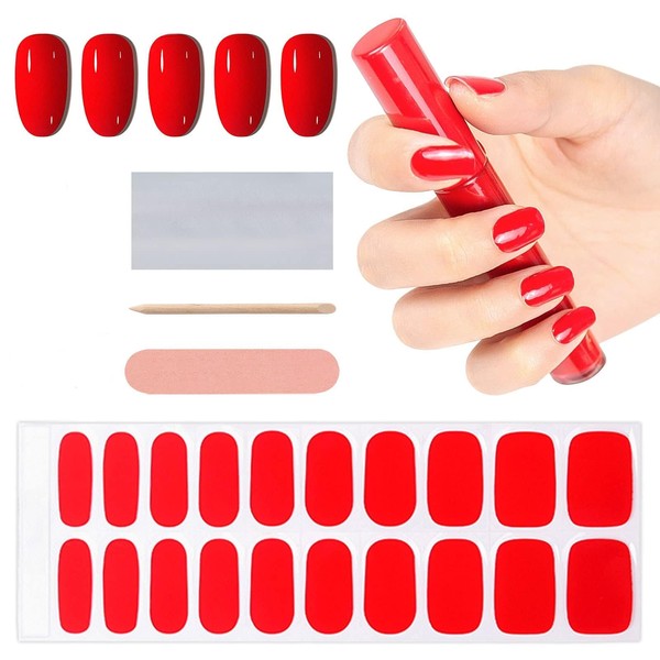 Red Cured Gel Nail Polish Strips Stickers, EBANKU Adhesive Full Wrap Gel Nail Art Sticker, Waterproof Gel Nail Wrap Stickers with Nail File and Stick（UV/LED Lamp Required）