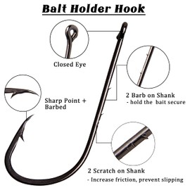 Baitholder Fishing Hooks Barbed Shank Beak Bait Holder Hooks Long Shank Black Offset Shank with 2 Barbs J Hooks Fishing Snelled Hooks Bait Keep Hooks for Saltwater Freshwater Fishing 50/150pcs