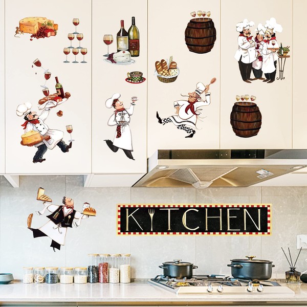 decalmile Stickers Muraux Cuisine Chef Autocollant Mural Vin Nourriture Décoration Murale Cuisine Salle à Manger Restaurant