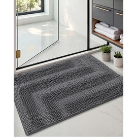 LUMI Luxury Chenille Bathroom Rug 16"x24", Ultra Soft Thick Modern Minimalist Design Bath Rugs, Absorbent Quick Dry Bath mat with Non-Slip Backing, Grey