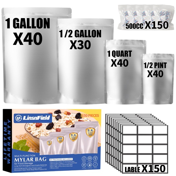 LinsnField 150PCS Mylar Bag Bundle, 4 Multi-Size Pouches(9.4Mil), 150x500cc Oxygen