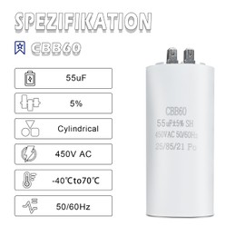 Iruihoo CBB60 55UF Starting Capacitor Capacitor Plug, 450V 55µF Capacitor 50/60Hz Motor Running Capacitor