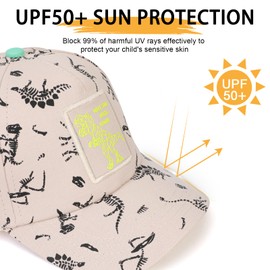 QKURT Boys Baseball Cap Sun Hat Summer Sports Cap UV Protection Adjustable Trucker Hat Dinosaur Pattern for Kids Age 3-8 Years, Khaki & Green
