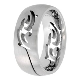 Sabrina Silver Stainless Steel 9mm Domed Wedding Band Ring Tribal Pattern Cut-Out Matte Finish Comfort-Fit, Size 9