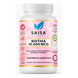 Biotina 10,000 Mcg con Ácido Hialurónico y Colágeno   Citrato de Magnesio  Saisa Herbal  100 Cápsulas  Suplemento Alimenticio  Cabello, Piel, Uñas y  