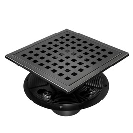 morefine Square Shower Drain with Flange, Shower Drain 6 inch with Removable Grate Cover, SUS 304 Stainless Steel, Matte Black