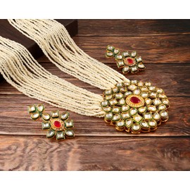 JewarHaat Indian Bollywood Gold-Plated Pearls Studded & Beaded Long Jewellery Set For Women (Kundan Inspired, White Bead)