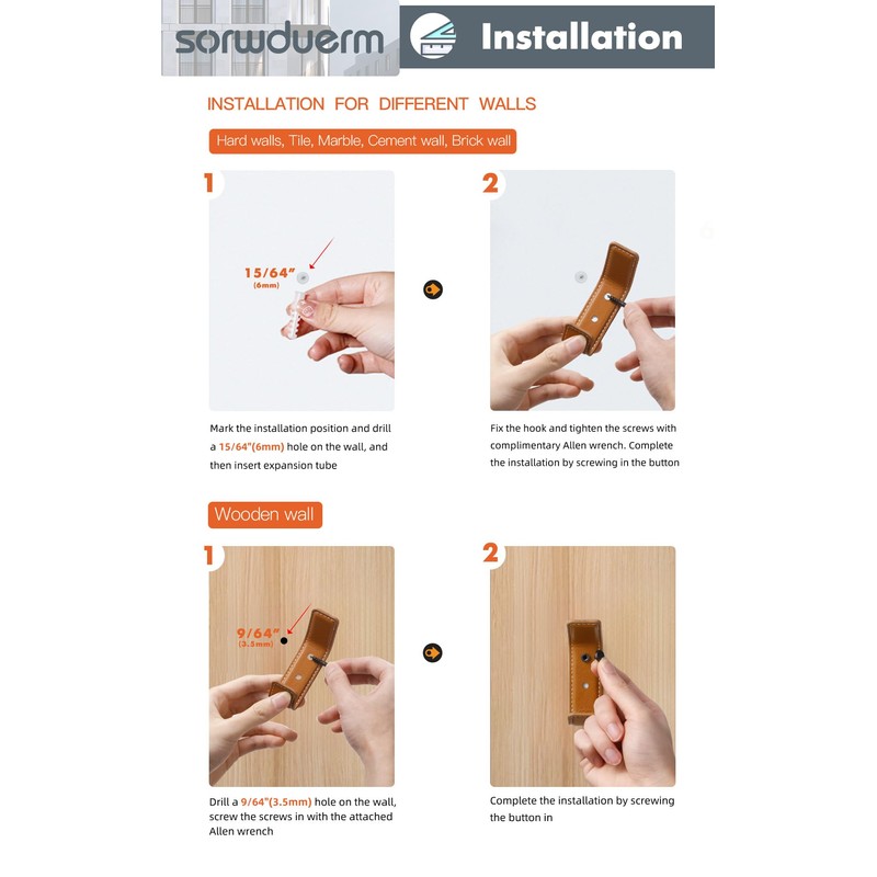 SORWDUERM 2 Pack Orange Leather Coat 2 Hooks Wall for