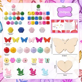 sanendin 260 Pcs Deluxe Wooden Bead Set -Crafts Colored Wooden Beads for Jewelry Making Painted,DIY Wood Beads for Friendship Bracelet Tray Pen Decoration Jewelry Making,Great for Family Playdates